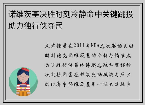 诺维茨基决胜时刻冷静命中关键跳投助力独行侠夺冠