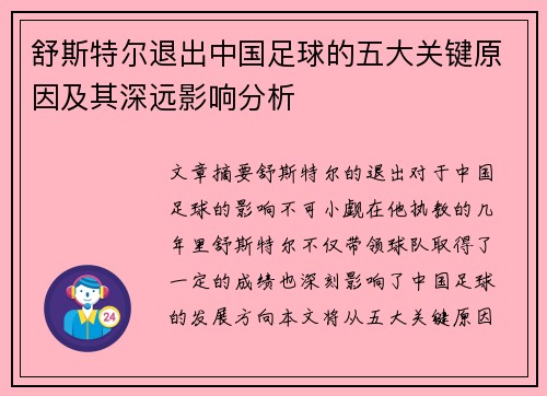 舒斯特尔退出中国足球的五大关键原因及其深远影响分析 舒斯特尔退出中国足球的五大关键原因及其深远影响分析