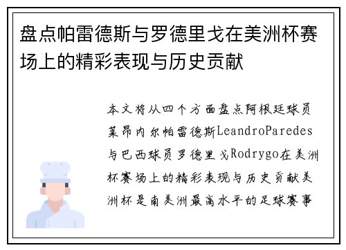 盘点帕雷德斯与罗德里戈在美洲杯赛场上的精彩表现与历史贡献