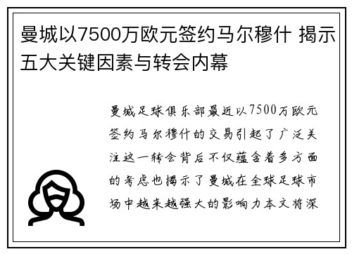曼城以7500万欧元签约马尔穆什 揭示五大关键因素与转会内幕