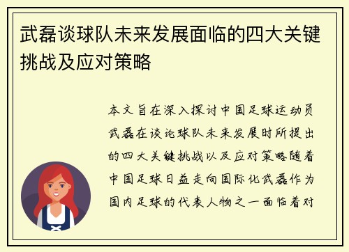 武磊谈球队未来发展面临的四大关键挑战及应对策略