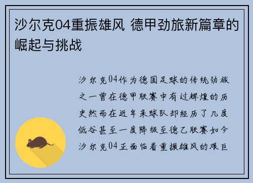 沙尔克04重振雄风 德甲劲旅新篇章的崛起与挑战