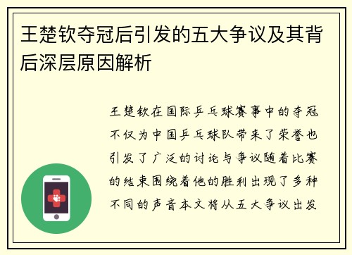 王楚钦夺冠后引发的五大争议及其背后深层原因解析