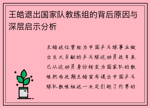 王皓退出国家队教练组的背后原因与深层启示分析